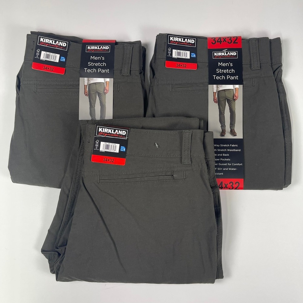 Kirkland Signature Men Stretch Tech Pant 34x32 Water Resistant 3 Pair Green
